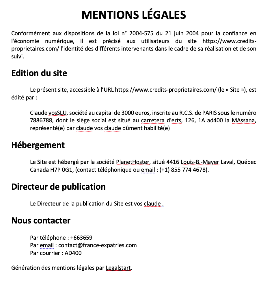 Mentions légales credits propriétaires